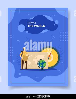 viaggiare il mondo uomini in piedi vicino mondo mappa bussola globo per modello di banner, volantino, libri copertina, riviste Illustrazione Vettoriale