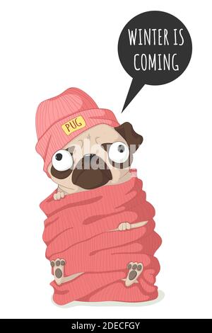 Carino cane pug con cappello e sciarpa in maglia. Illustrazione disegnata a mano vettoriale in stile cartoon con slogan e bolla del parlato. Isolato su sfondo bianco. Illustrazione Vettoriale