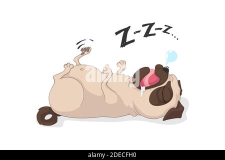 Carino cane pug addormentato con testo. Illustrazione cartoon disegnata a mano dal vettore. Per il design di t-shirt, poster, cartoline e stampe. Illustrazione Vettoriale