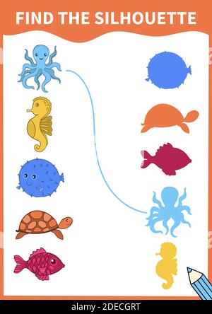 Giochi da tavolo per bambini per preschoolers e studenti della scuola primaria.pagina per bambini libro educativo.vita subacquea e animali marini. Illustrazione Vettoriale