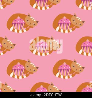 Carino kawaii zenzero gatti arricciati intorno cupcakes rosa. Sfondo di campitura senza giunture vettoriale. Sfondo con kitties cartoon che custodisce un muffin. Disegnato a mano Illustrazione Vettoriale