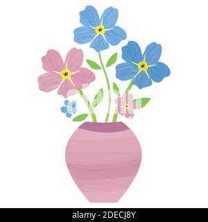 Vaso di Forget-Me-non floreale isolato illustrazione. Effetto di ombreggiatura watercolour rosa blu mysotis fiori in bellissimi contenitori. Disegnato a mano Illustrazione Vettoriale