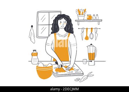Cucina, pulizia, concetto di cottura di cibo. Felice donna cuocitore personaggio in grembiule mescolare gli ingredienti preparare l'impasto in ciotola. Preparazione di pasticceria o dessert fatti in casa a tavola illustrazione cucina. Illustrazione Vettoriale