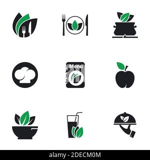 Icone per tema Ristorante vegetariano. Sfondo bianco Illustrazione Vettoriale