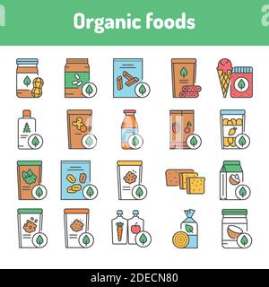 Set di icone della linea di colori degli alimenti biologici. Pittogrammi per pagina Web, app mobile, promo. Illustrazione Vettoriale