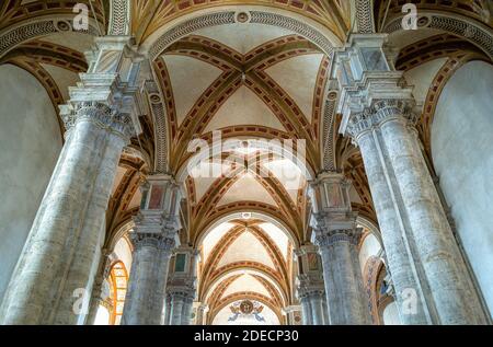 Pienza, Italia - 19 settembre 2019: Vista verso l'alto del soffitto a navata della cattedrale dell'Assunta Foto Stock