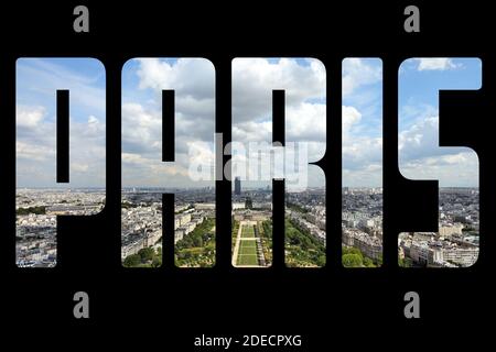 Parigi, Francia - simbolo del nome della città con foto sullo sfondo. Isolato su nero. Foto Stock