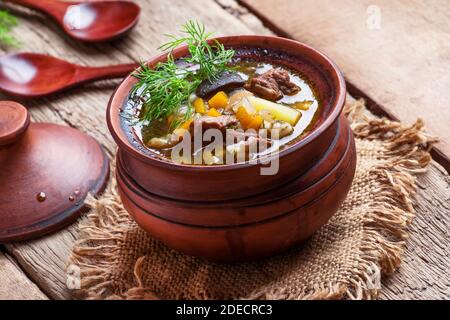 Zuppa con funghi, manzo e orzo, pentole di argilla, sfondo di legno d'annata, fuoco selettivo Foto Stock