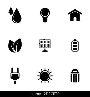 Insieme di icone semplici su un tema Ecologia, energia, batteria, pannello solare, riciclaggio, sicuro, carburante, vettore, set. Sfondo bianco Illustrazione Vettoriale