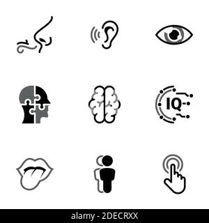 Insieme di icone semplici su un tema organi senso, uomo, mente, elaborazione, percezione, intelletto , vettore, insieme. Icone nere isolate su sfondo bianco Illustrazione Vettoriale