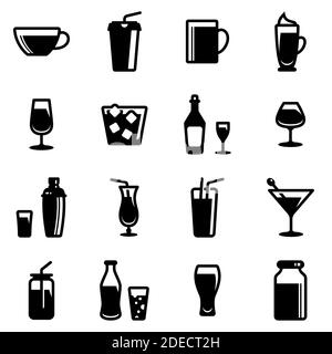 Set di icone semplici su un tema Ristorante, alcol, vetro, piatti, bevande, bar, freddo, caldo, forte, vettore, set. Icone nere isolate contro bac bianco Illustrazione Vettoriale