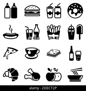 Set di icone semplici su un tema fast food, bevande, caffè, alcol, ristorante, dolci, cibo nocivo, campo da mangiare, vettore, set. Le icone nere si isolano di nuovo Illustrazione Vettoriale