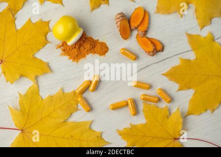 Sfondo con curcuma in forme diverse Capsule e polvere in una mini pentola gialla e radice tagliate a pezzi Foto Stock