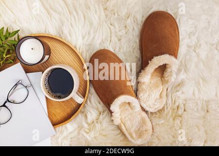 Home Still Life, accogliente stile di vita composizione vista dall'alto. Foto Stock