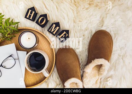 Home Still Life, accogliente stile di vita composizione vista dall'alto. Foto Stock