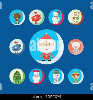 Set di clip art per i cartoni animati di Natale. Personaggi carini dei simboli delle festività. Isolato su sfondo blu. Illustrazione Vettoriale