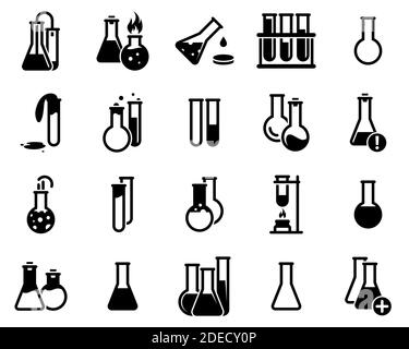 Set di icone semplici su un tema matraccio, laboratorio, esperimento, vettore, disegno, collezione, piatto, segno, simbolo, elemento, oggetto, illustrazione. Icona nera Illustrazione Vettoriale