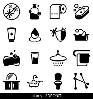 Insieme di icone semplici su un tema igiene, sanificazione, latrina, vettore, disegno, collezione, piatto, segno, simbolo, elemento, oggetto, illustrazione. Icone nere Illustrazione Vettoriale