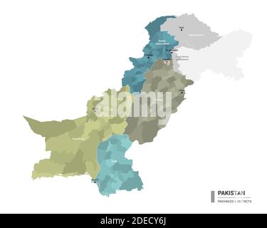 Pakistan higt mappa dettagliata con suddivisioni. Mappa amministrativa del Pakistan con il nome di distretti e città, colorata per stati e dist amministrativo Illustrazione Vettoriale