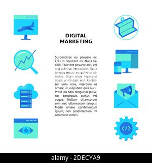 Banner di concetto di marketing digitale con posto per il testo. Poster con le icone di ottimizzazione dei motori di ricerca in stile piatto. Illustrazione vettoriale. Illustrazione Vettoriale