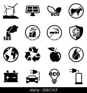 Insieme di icone semplici su un tema Eco, vettore, disegno, collezione, piatto, segno, simbolo, elemento, oggetto, illustrazione. Icone nere isolate contro il bianco b Illustrazione Vettoriale