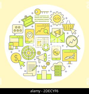 Banner SEO round concept in stile di linea. Poster con icone di ottimizzazione dei motori di ricerca. Illustrazione vettoriale. Illustrazione Vettoriale
