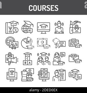 Set di icone per la linea nera dei corsi di formazione. Pittogrammi di contorno per pagina web, app mobile, promo. Illustrazione Vettoriale