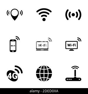 Insieme di icone semplici su un tema Wi-fi , vettore, disegno, collezione, piatto, segno, simbolo, elemento, oggetto, illustrazione, isolato. Sfondo bianco Illustrazione Vettoriale