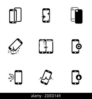 Set di icone semplici su uno smartphone riparazione tema, vettore, design, collezione, piatto, segno, simbolo, elemento, oggetto, illustrazione, isolato. Sfondo bianco Illustrazione Vettoriale