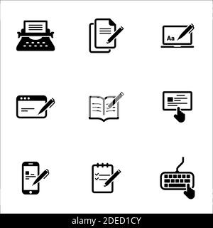 Insieme di icone semplici su un tema Copywriting, vettore, disegno, collezione, piatto, segno, simbolo, elemento, oggetto, illustrazione, isolato. Sfondo bianco Illustrazione Vettoriale