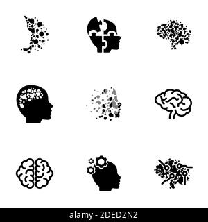 Insieme di icone nere isolate su sfondo bianco, sul tema cervello Illustrazione Vettoriale