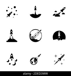 Set di icone nere isolate su sfondo bianco, sul tema Rocket Illustrazione Vettoriale