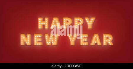 Felice Anno Nuovo. Testo della lampadina 3d color oro per la festa di Capodanno Illustrazione Vettoriale