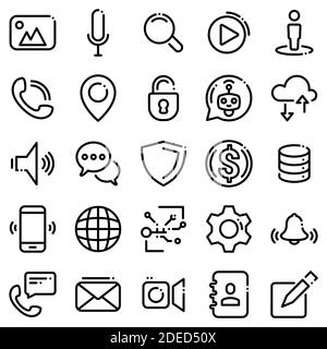 Set di icone nere isolate su sfondo bianco. Icone sociali e comunicative Illustrazione Vettoriale