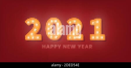 2021 Felice Anno Nuovo. Testo della lampadina 3d color oro per la festa di Capodanno Illustrazione Vettoriale