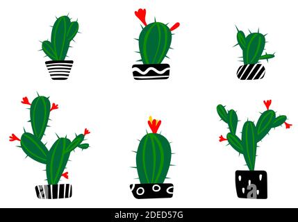 Set Cactus in pentole disegnate a mano su sfondo bianco stile dodle. Illustrazione vettoriale Illustrazione Vettoriale