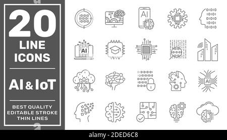 Intelligenza artificiale e Internet delle cose (ai, IoT) insieme di icone vettoriali di linea. Tratto modificabile Illustrazione Vettoriale