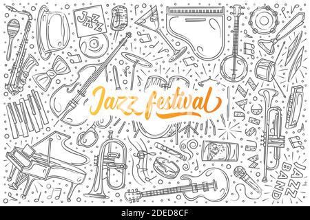 Hand Drawed Jazz festival set doodle vettore illustrazione sfondo Illustrazione Vettoriale