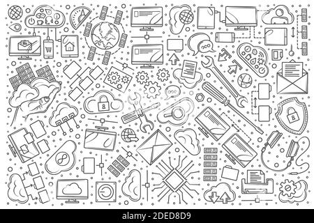 Set di hosting disegnato a mano doodle vettore illustrazione sfondo Illustrazione Vettoriale