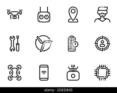 Set di icone vettoriali nere, isolate su sfondo bianco, su tema Drone, per l'intrattenimento e le competizioni Illustrazione Vettoriale