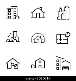 Set di icone vettoriali nere, isolate su sfondo bianco, sul tema Casa, appartamento, ufficio, grattacielo Illustrazione Vettoriale