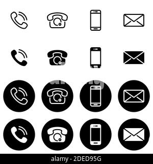 Set di icone vettoriali in bianco e nero, stili diversi su sfondo bianco e nero. Raccolta di telefoni di base e le loro funzioni Illustrazione Vettoriale