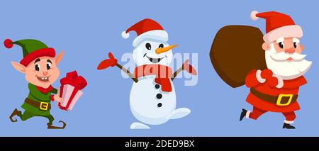 Personaggi natalizi che portano regali. Babbo Natale, elfo e pupazzo di neve in stile cartoon. Illustrazione Vettoriale