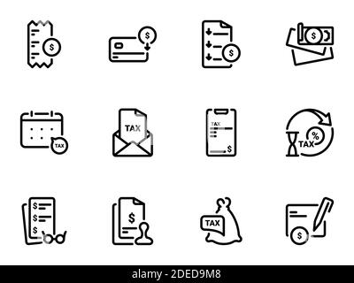 Set di icone vettoriali nere, isolate su sfondo bianco. Illustrazione su un tema la sequenza di lavoro con l'ispettorato fiscale Illustrazione Vettoriale