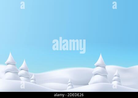 realistiche colline innevate con alberi giorno luminoso Illustrazione Vettoriale
