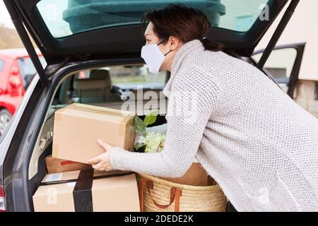 Donna con maschera facciale in confezioni o carichi di vita quotidiana bagagliaio auto con pacchetti e acquisti Foto Stock