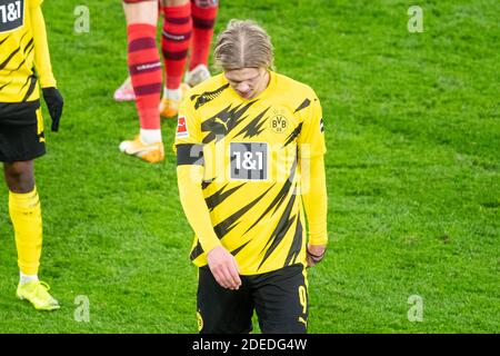 Erling HAALAND (DO) è deluso, 1° calcio Bundesliga, 9° giorno di festa, Borussia Dortmund (DO) - 1° FC Colonia (K) 1: 2, il 28 novembre 2020 a Dortmund / Germania. LE NORMATIVE DFL VIETANO QUALSIASI USO DI FOTOGRAFIE COME SEQUENZE DI IMMAGINI E/O QUASI-VIDEO.SOLO PER USO EDITORIALE. Solo per scopi giornalistici! ¬ | utilizzo in tutto il mondo Foto Stock