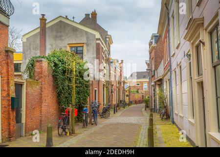 Vista sulla strada, case tradizionali e biciclette a Haarlem, Olanda, Paesi Bassi Foto Stock