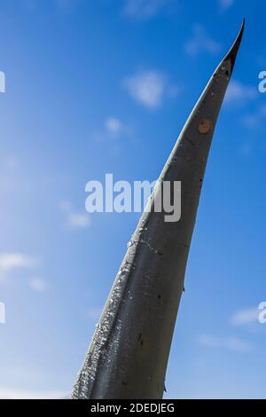 Punta di una foglia di cactus agave americana con gocce d'acqua contro un cielo blu a Erjos, Teno, Tenerife, Isole Canarie, Spagna Foto Stock