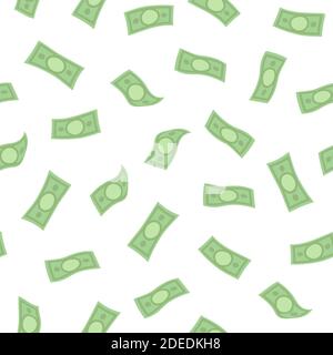 Denaro pioggia modello senza cuciture. Banconote in dollari in calo su sfondo bianco. Illustrazione Vettoriale